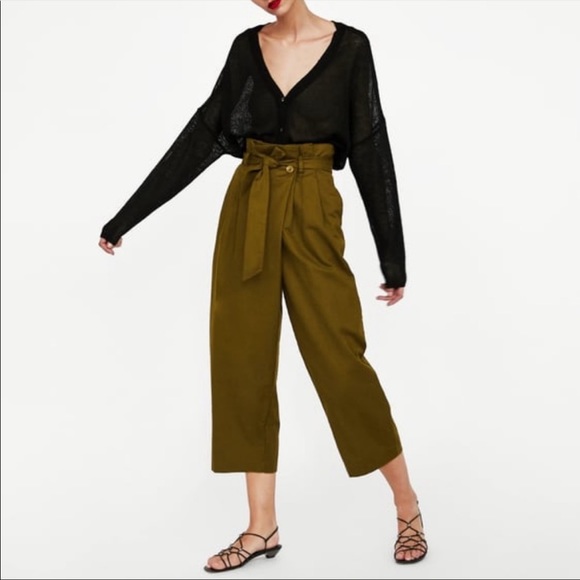 Zara High Rise Linen Paperbag wide leg pants green women's size Small - Picture 1 of 1